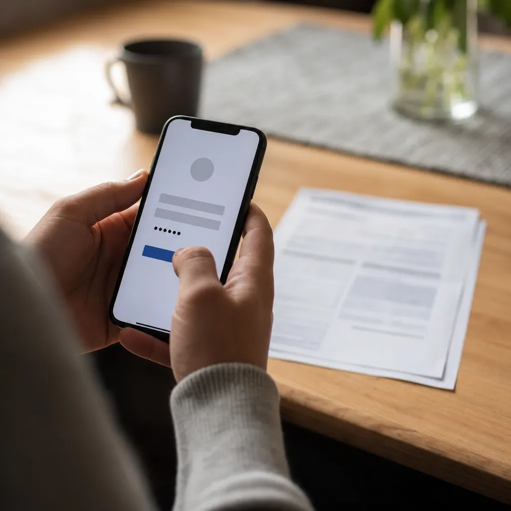 Person använder en mobiltelefon för att logga in med e-legitimation, med ett registreringsbevis för bil synligt på bordet bredvid