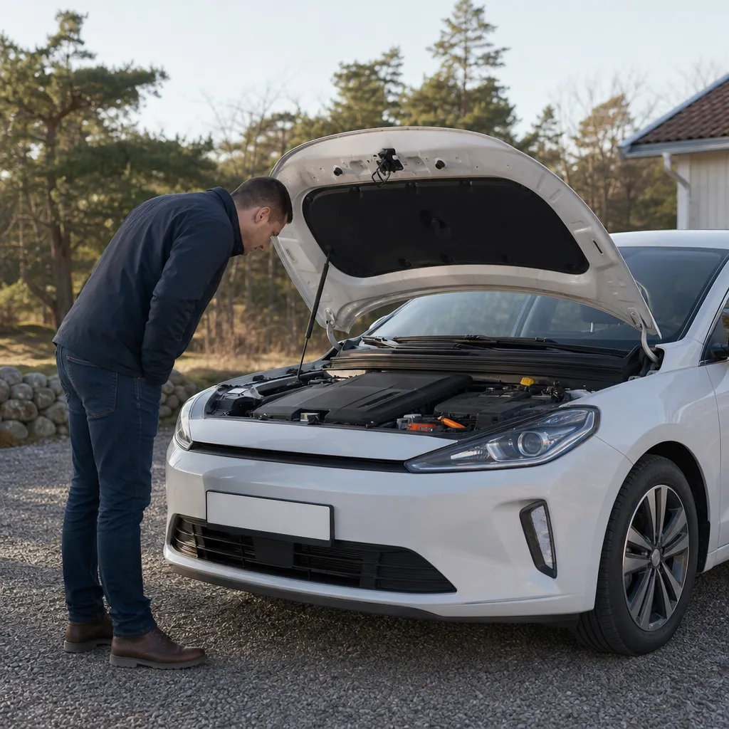 Person kontrollerar motorrummet på en begagnad hybridbil inför köp