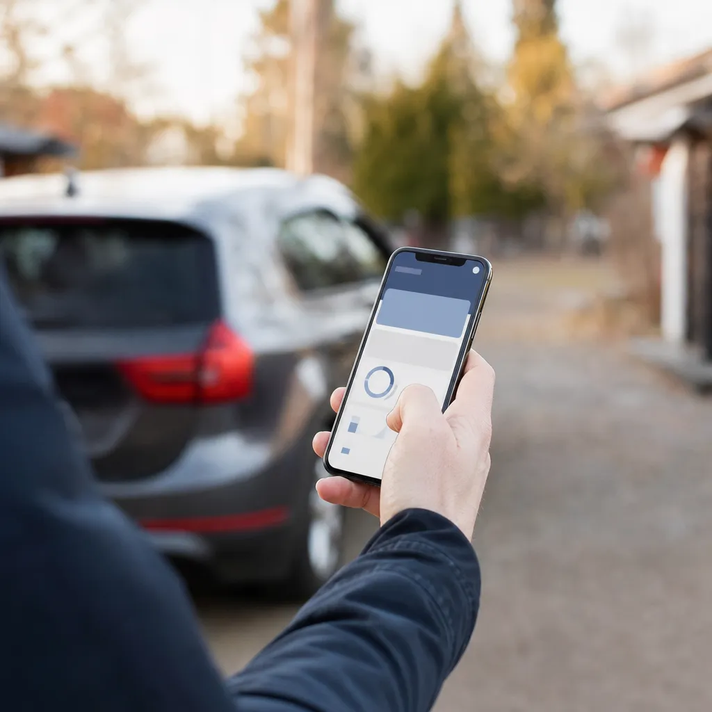 Person kontrollerar sitt saldo i bankappen på mobilen innan en bilaffär slutförs