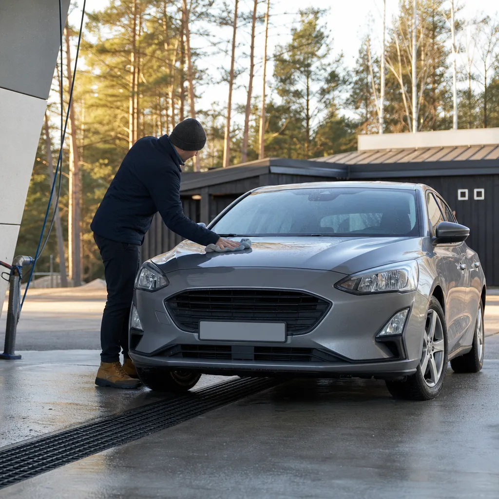Person torkar av lacken på en bil med en mikrofiberduk utomhus