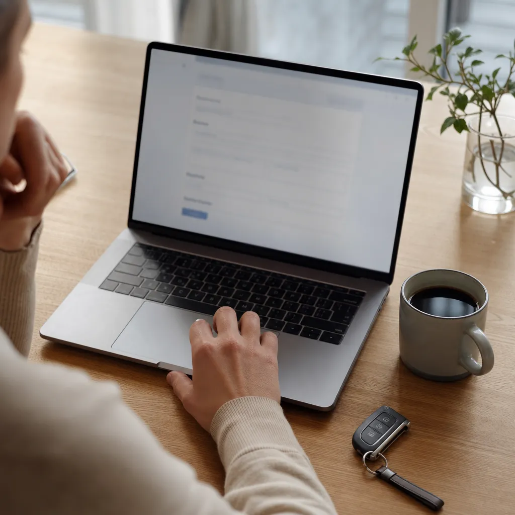 Person som fyller i registreringsnummer och mätarställning i ett formulär för gratis bilvärdering på en bärbar dator