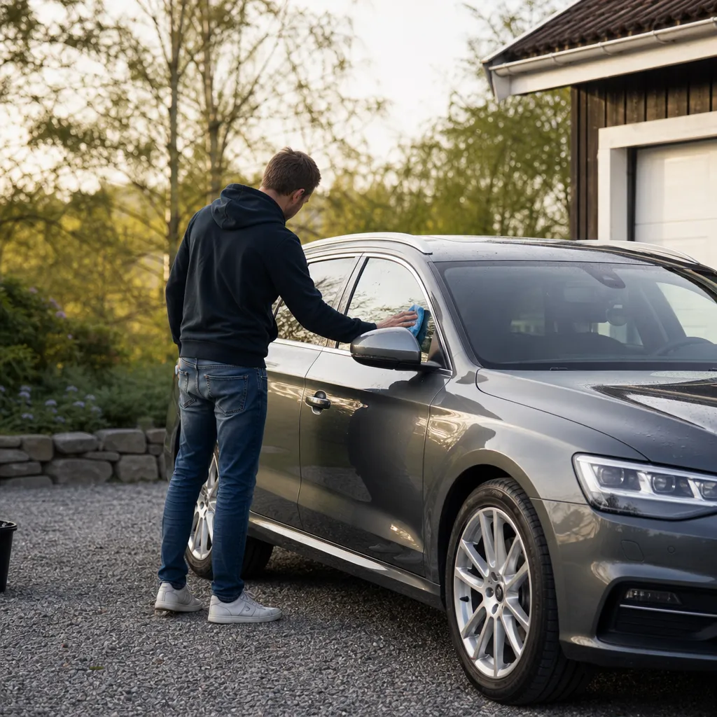 Person torkar av lacken på en nytvättad bil på en uppfart