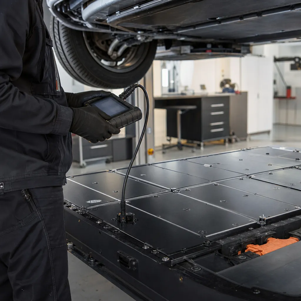 Tekniker kopplar diagnosutrustning till en elbils batteripaket för att mäta batterihälsa
