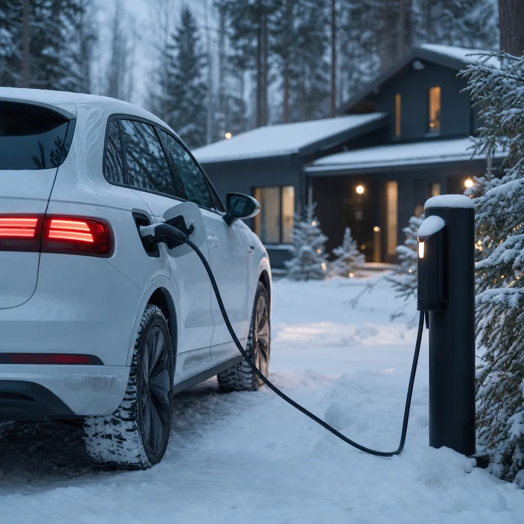 Elbil laddas utomhus i snöigt vinterväder med batteriets räckviddsmätare synlig i bilen