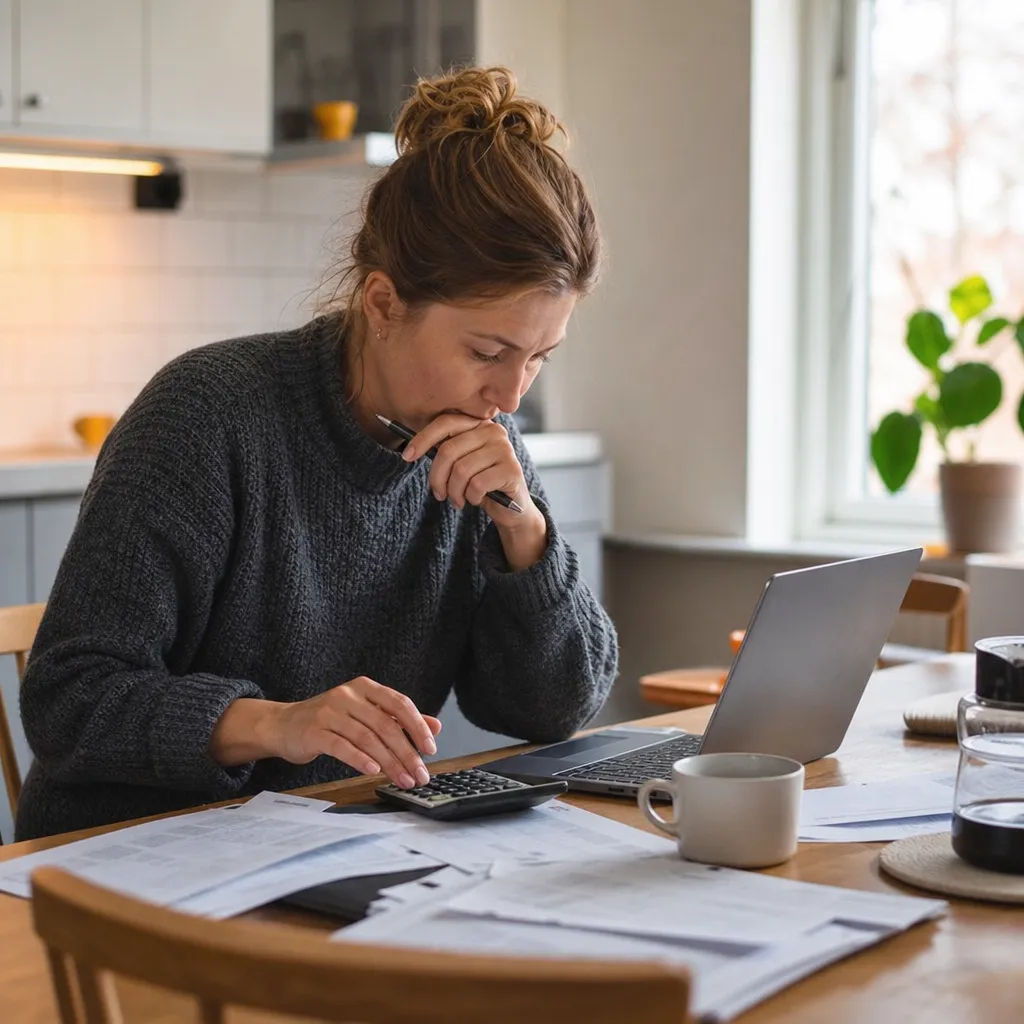 Person går igenom lånepapper och räknar på bilfinansiering vid ett köksbord