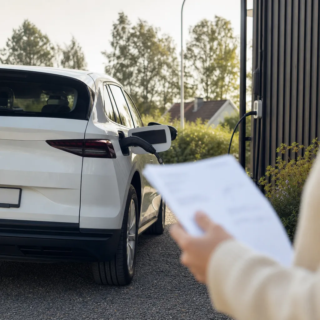 Elbil parkerad med laddkabel inkopplad och ett obetecknat skattebesked i förgrunden