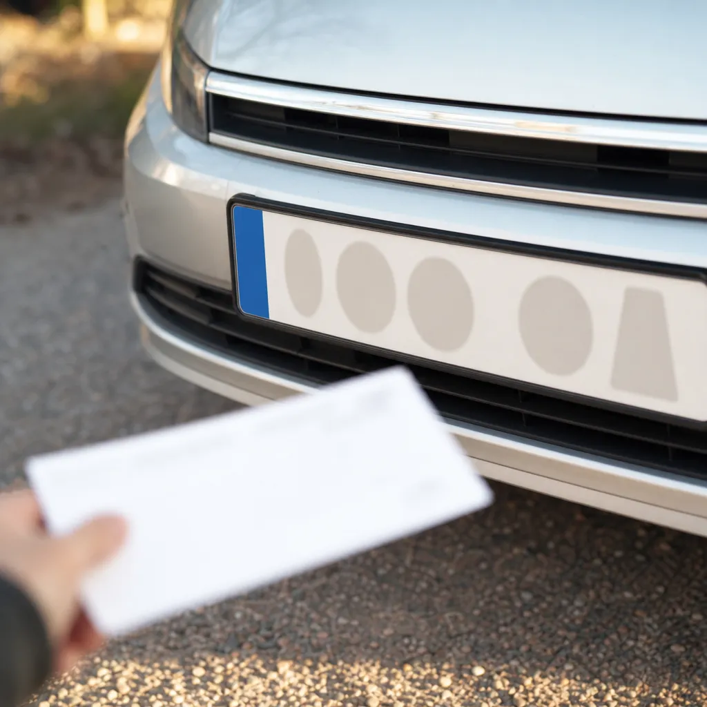 Registreringsskylt på en bil med en hand som håller ett skattebesked