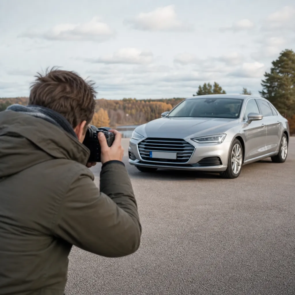 Person fotograferar en nytvättad bil snett framifrån utomhus i dagsljus