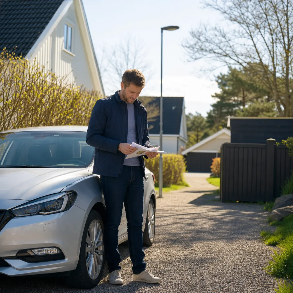 Person går igenom papper för besiktning, försäkring och skatt vid en bil på en svensk uppfart