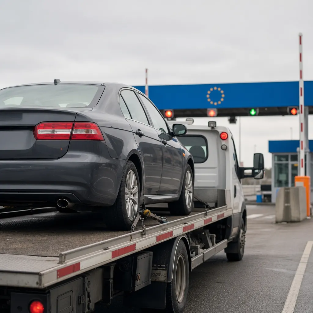 Personbil på en biltransport vid en gränsövergång med skyltar och bommar i bakgrunden