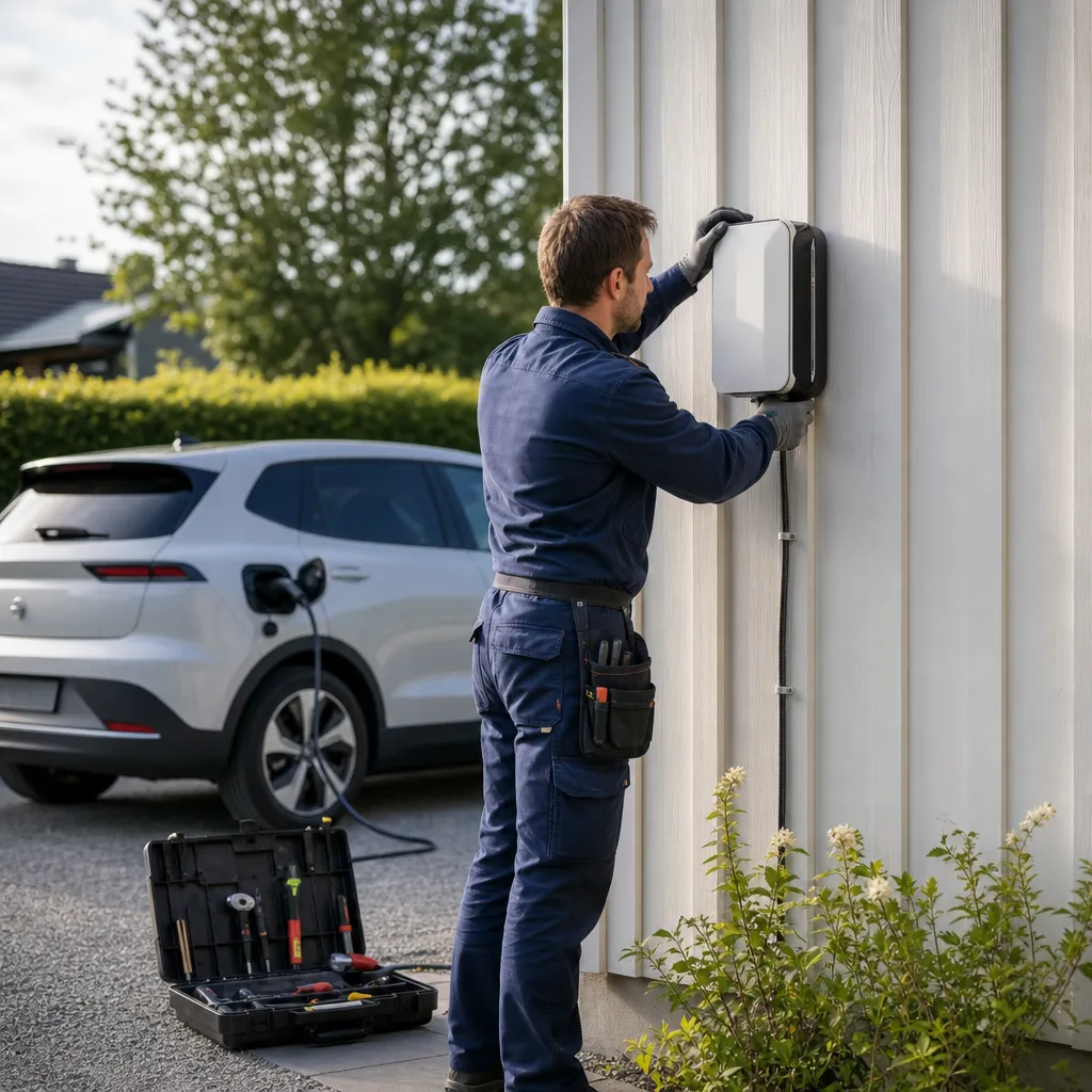 Behörig elektriker monterar en laddbox på en garagevägg intill en parkerad elbil