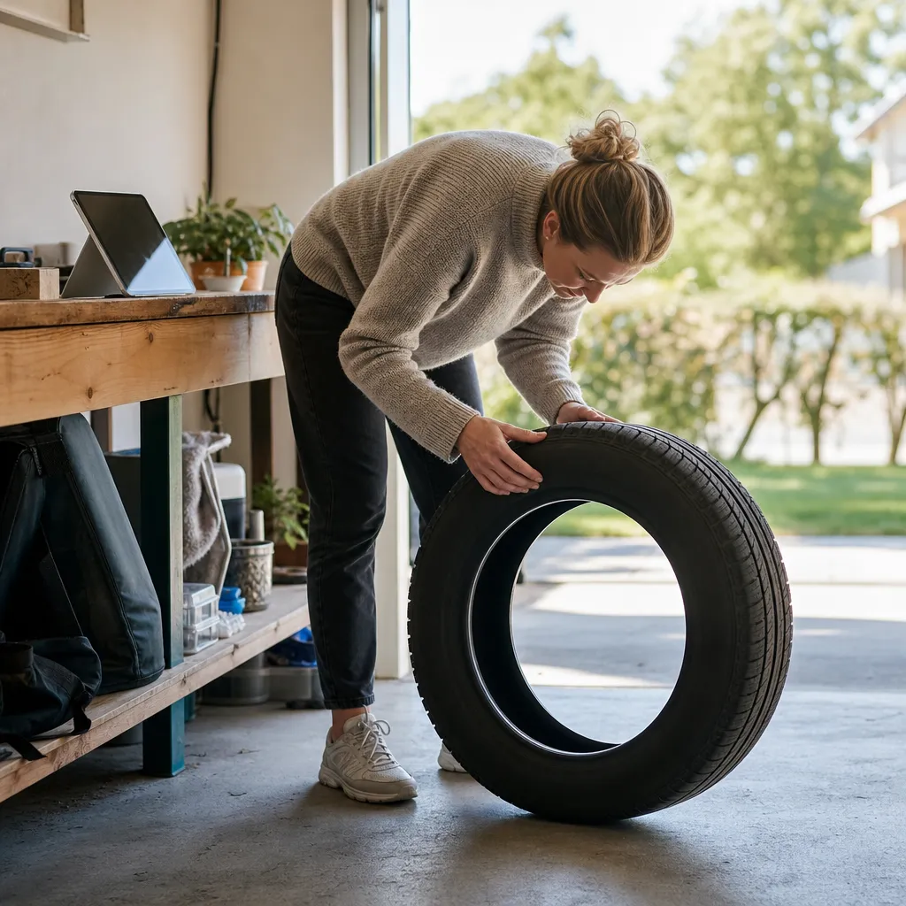 Person i ett garage jämför dimensionsmärkningen på ett bildäck innan beställning online