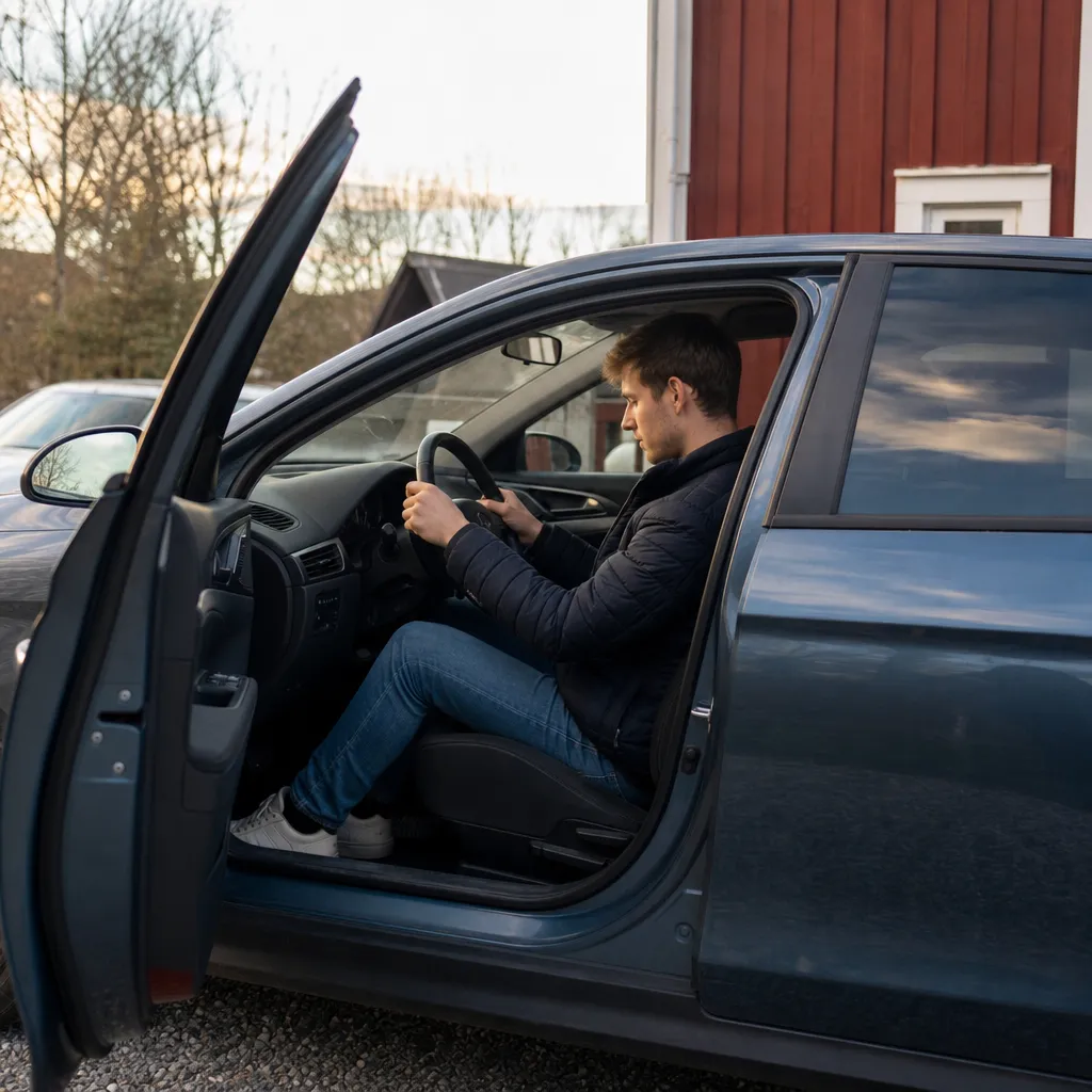 Ung vuxen sitter i förarsätet på en begagnad bil och håller i ratten för första gången