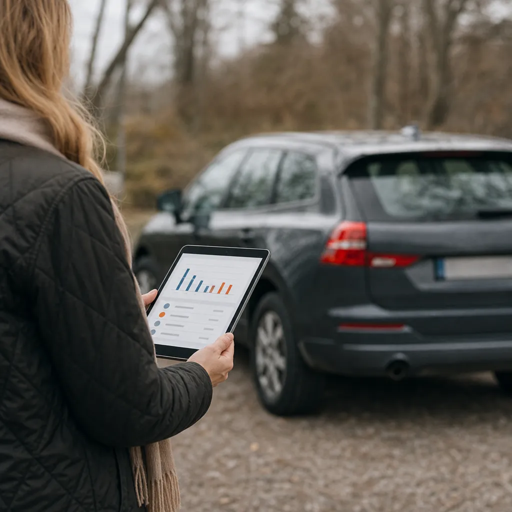 Person som jämför prisstatistik för sålda bilar på en surfplatta bredvid en begagnad personbil