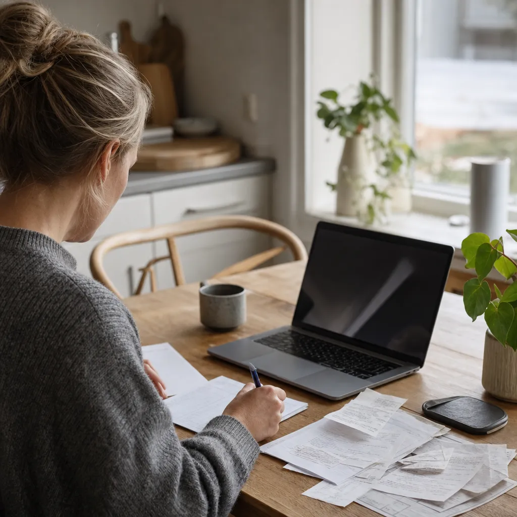 Person som skriver ett reklamationsbrev om en bil vid ett köksbord med kvitton och kontrakt framme