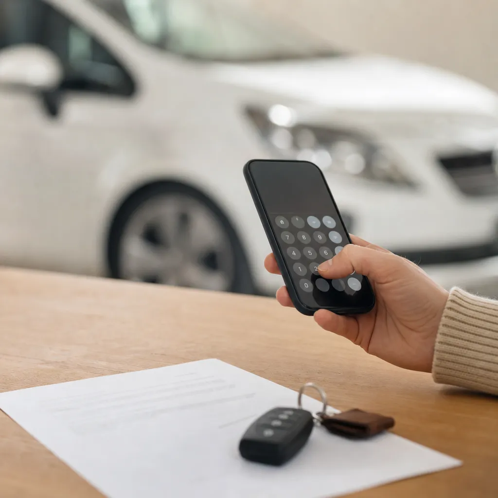 Person räknar på en kalkylator eller telefon bredvid en bilnyckel inför att lösa ett billån vid bilförsäljning