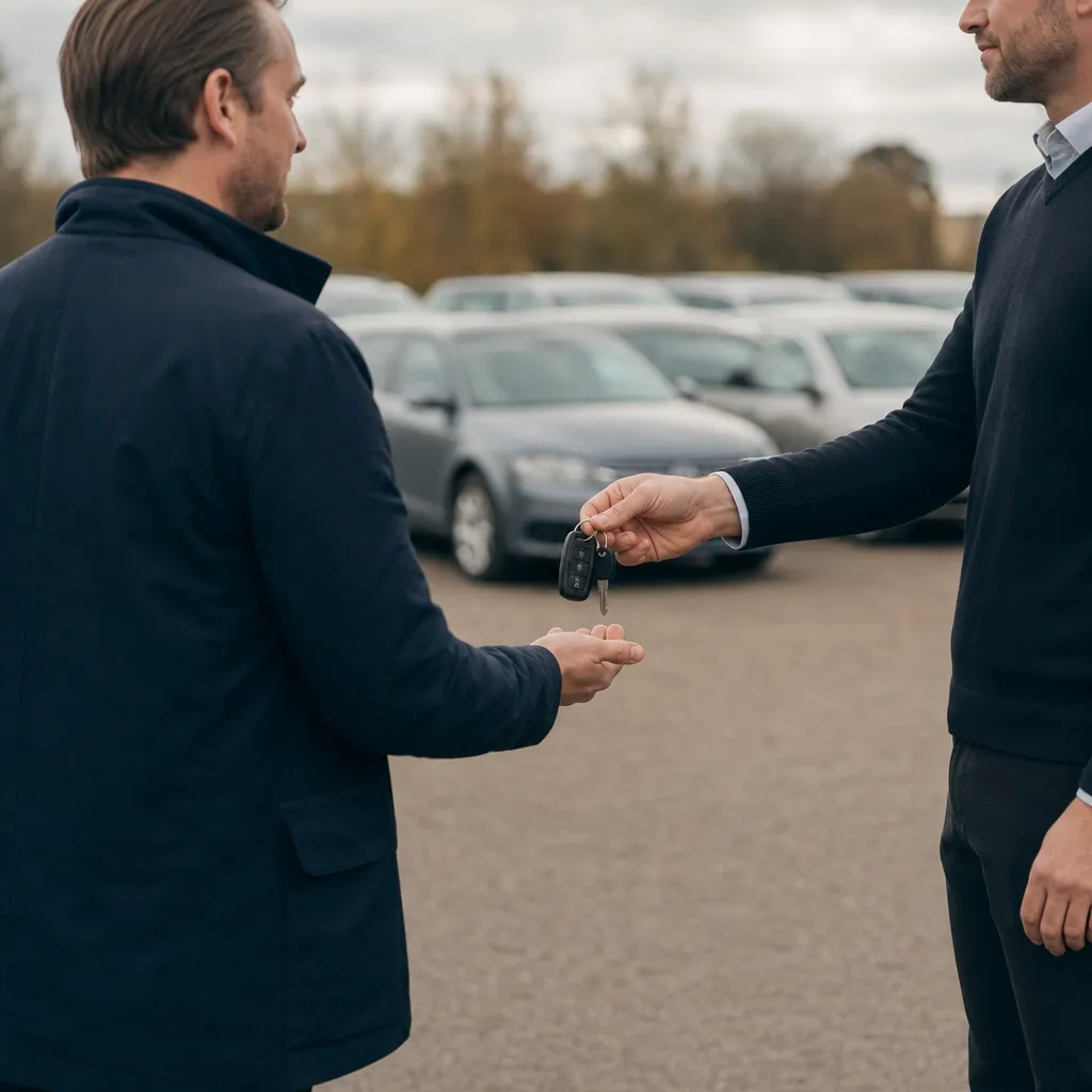 Person lämnar över bilnycklar till en säljare på en bilhandlares uppställningsplats