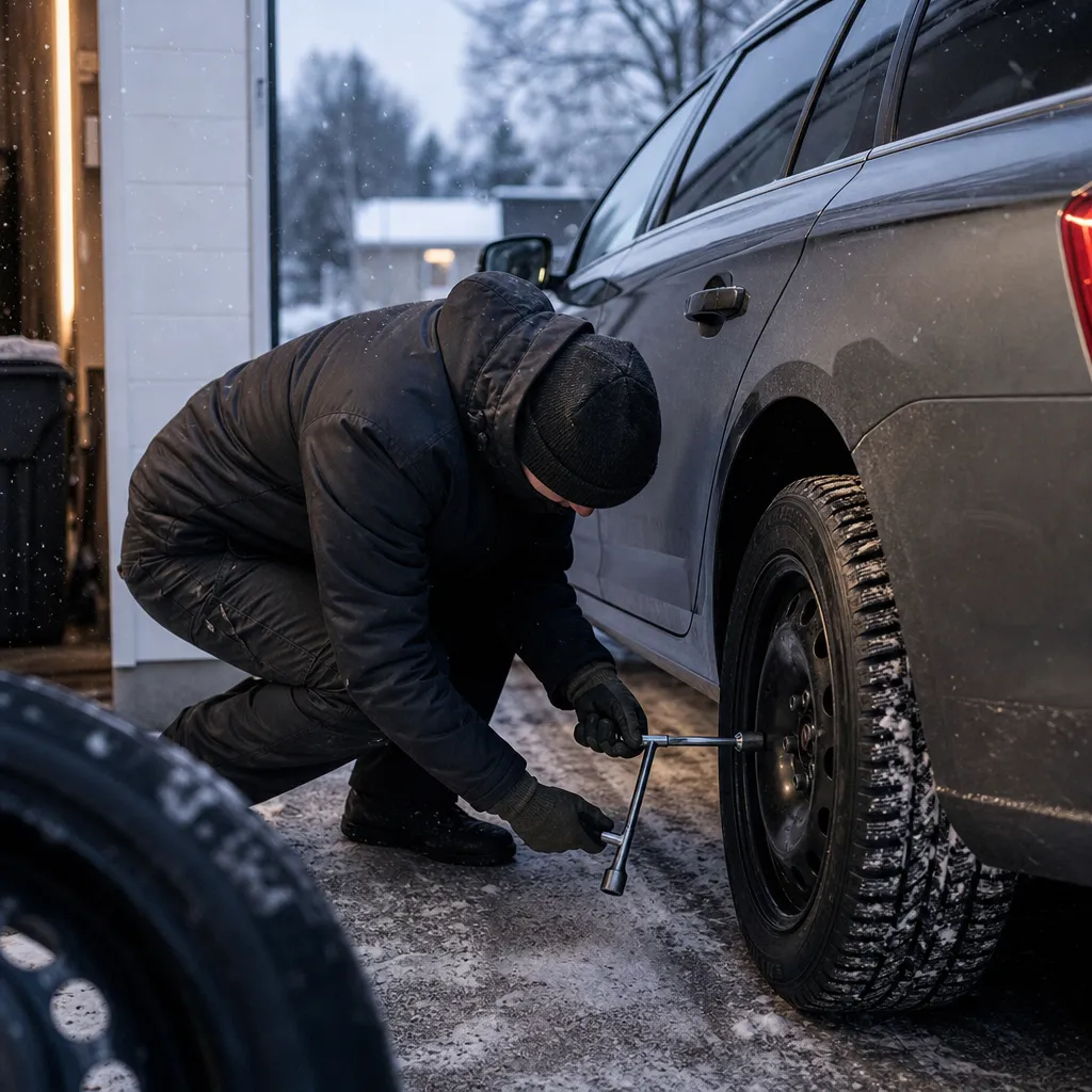Vinterdäck monteras på en bil i ett snötäckt garage